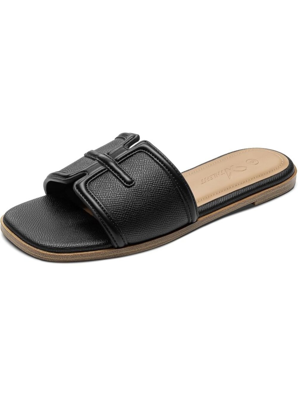 Women's Black Comfort Square Open Toe Slide Slip On Casual Flat Sandal Shoes
